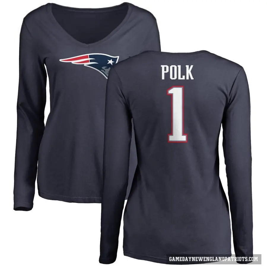 Women's ＃1 Ja'Lynn Polk New England Patriots Navy Logo Slim Fit Long Sleeve T-Shirt