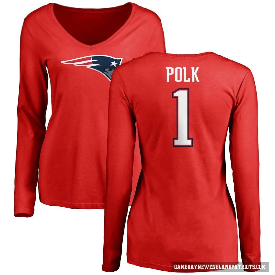 Women's ＃1 Ja'Lynn Polk New England Patriots Red Logo Slim Fit Long Sleeve T-Shirt