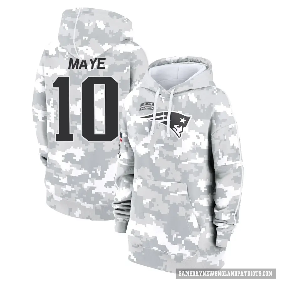 Women's ＃10 Drake Maye New England Patriots Arctic Camo 2024 Salute to Service Club Fleece Pullover Hoodie