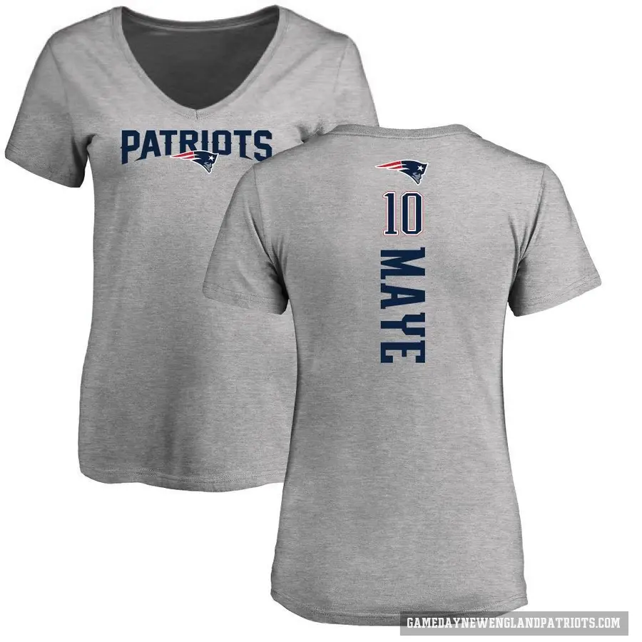 Women's ＃10 Drake Maye New England Patriots Ash Backer V-Neck T-Shirt