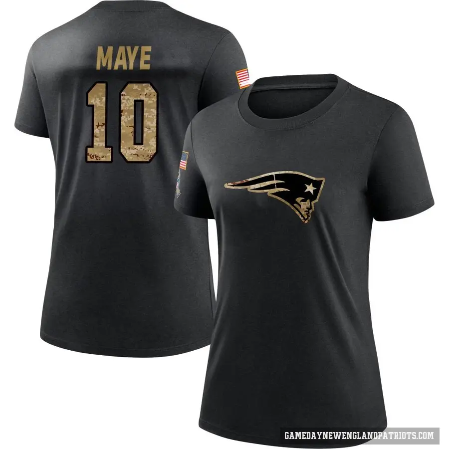 Women's ＃10 Drake Maye New England Patriots Black 2020 Salute To Service Performance T-Shirt