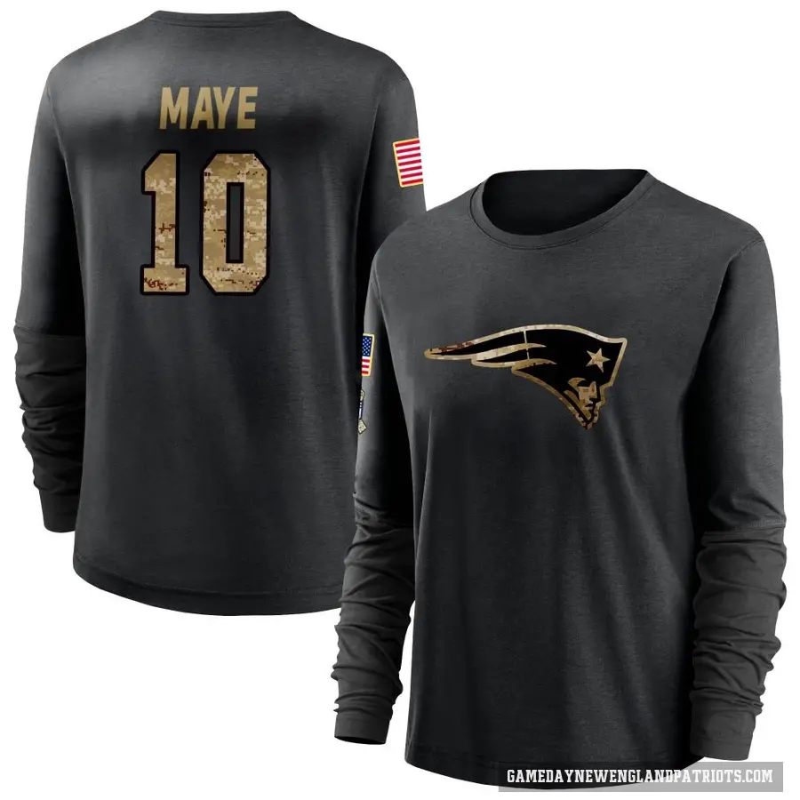 Women's ＃10 Drake Maye New England Patriots Black 2020 Salute To Service Sideline Performance Long Sleeve T-Shirt