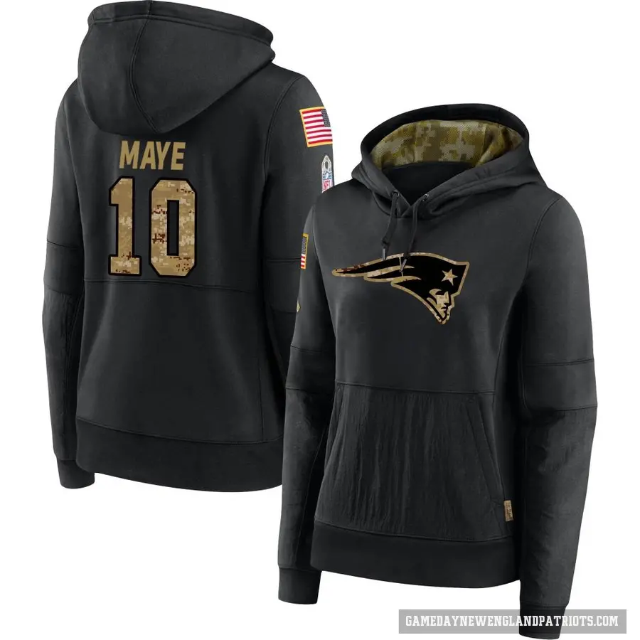 Women's ＃10 Drake Maye New England Patriots Black 2020 Salute to Service Sideline Performance Pullover Hoodie