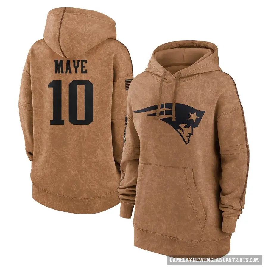 Women's ＃10 Drake Maye New England Patriots Brown 2023 Salute To Service Pullover Hoodie