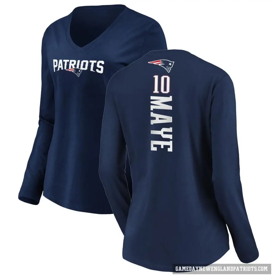 Women's ＃10 Drake Maye New England Patriots Navy Backer Slim Fit Long Sleeve T-Shirt