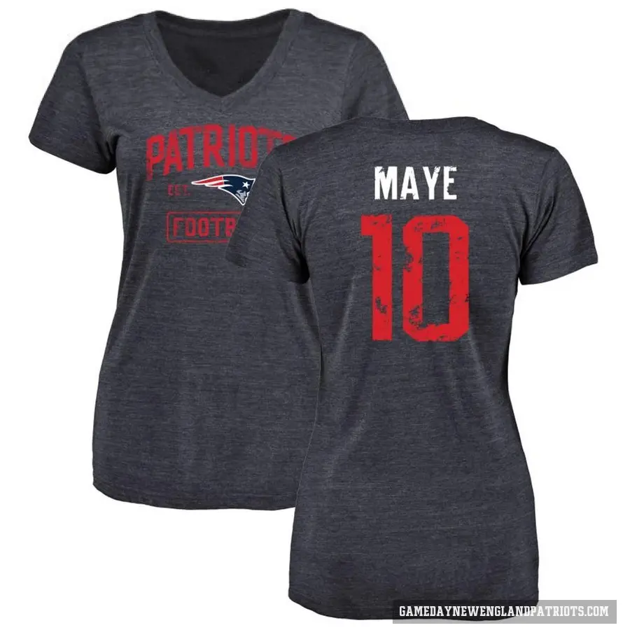 Women's ＃10 Drake Maye New England Patriots Navy Distressed V-Neck T-Shirt