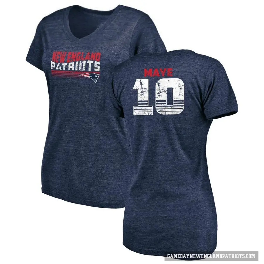 Women's ＃10 Drake Maye New England Patriots Navy Retro V-Neck T-Shirt