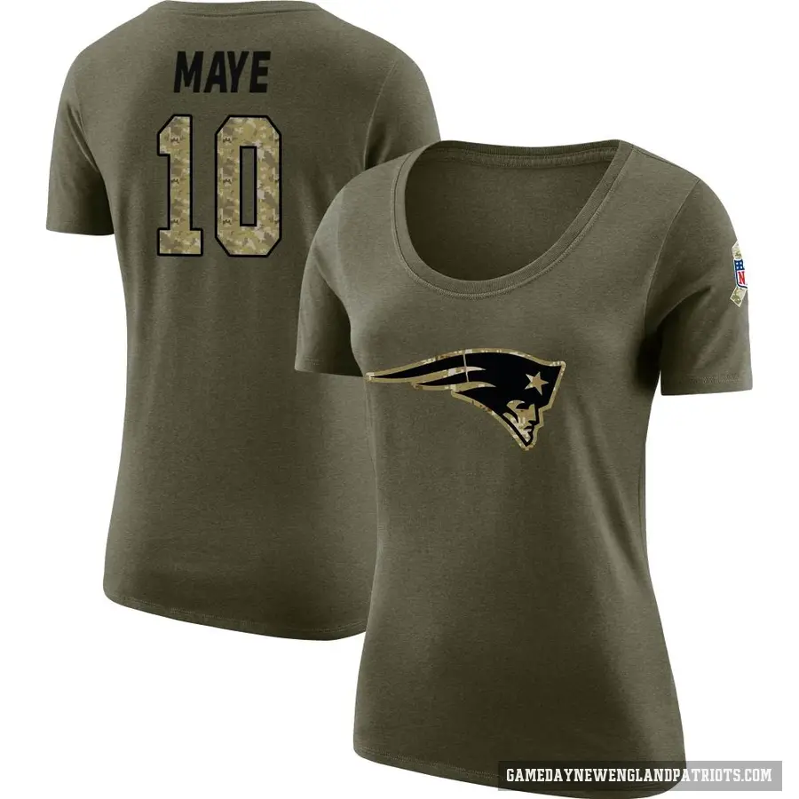 Women's ＃10 Drake Maye New England Patriots Olive Salute to Service Scoop Neck T-Shirt