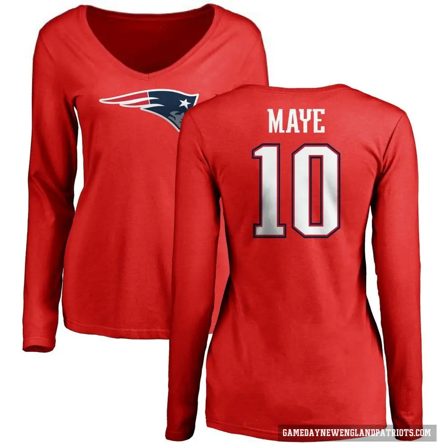 Women's ＃10 Drake Maye New England Patriots Red Logo Slim Fit Long Sleeve T-Shirt