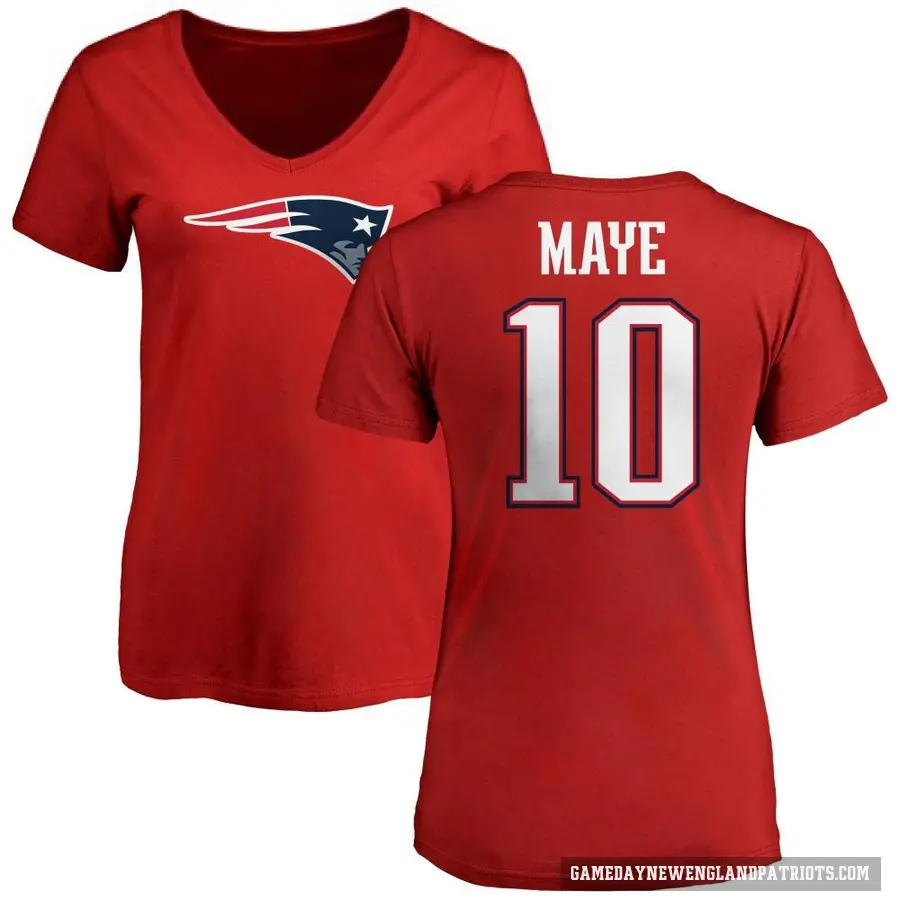 Women's ＃10 Drake Maye New England Patriots Red Logo Slim Fit T-Shirt