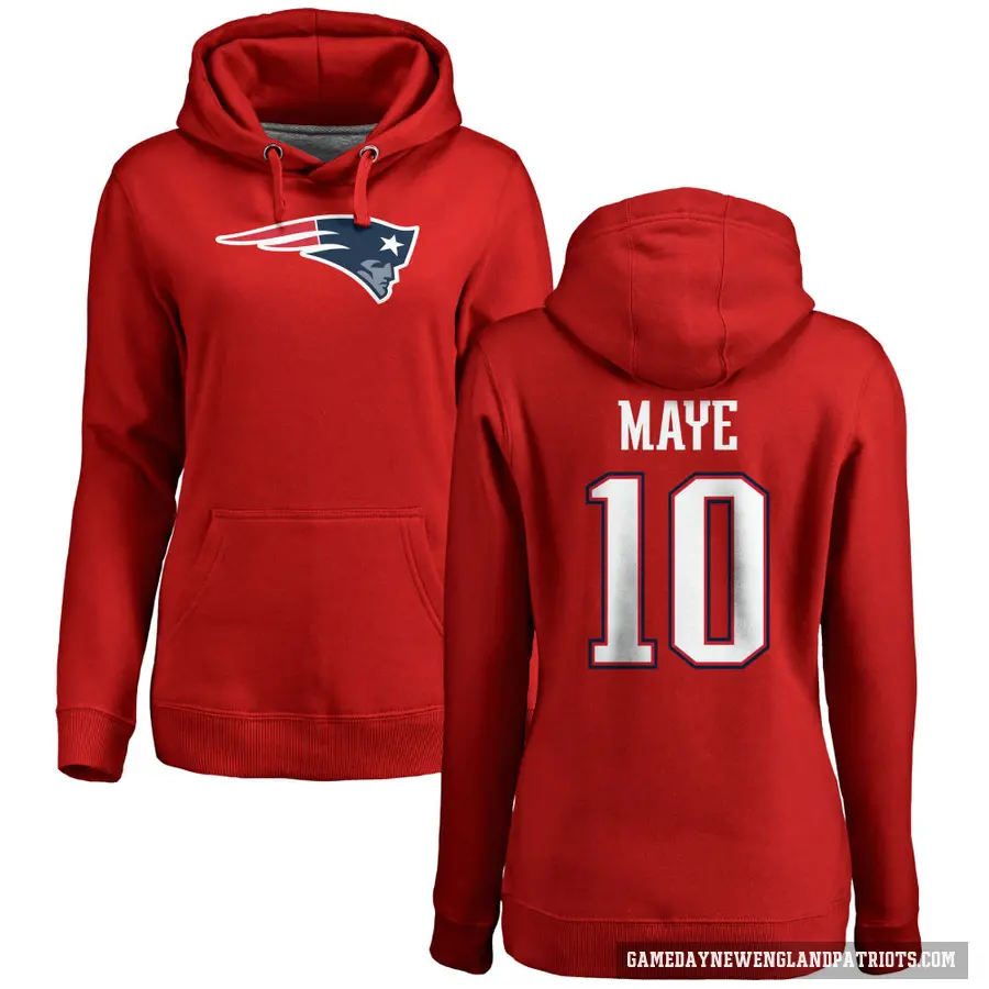 Women's ＃10 Drake Maye New England Patriots Red Pro Line Name & Number Logo Pullover Hoodie