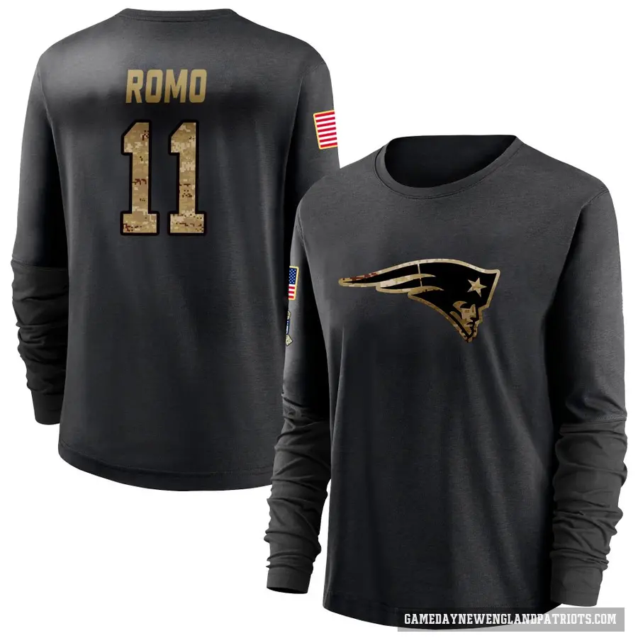 Women's ＃11 John Parker Romo New England Patriots Black 2020 Salute To Service Sideline Performance Long Sleeve T-Shirt