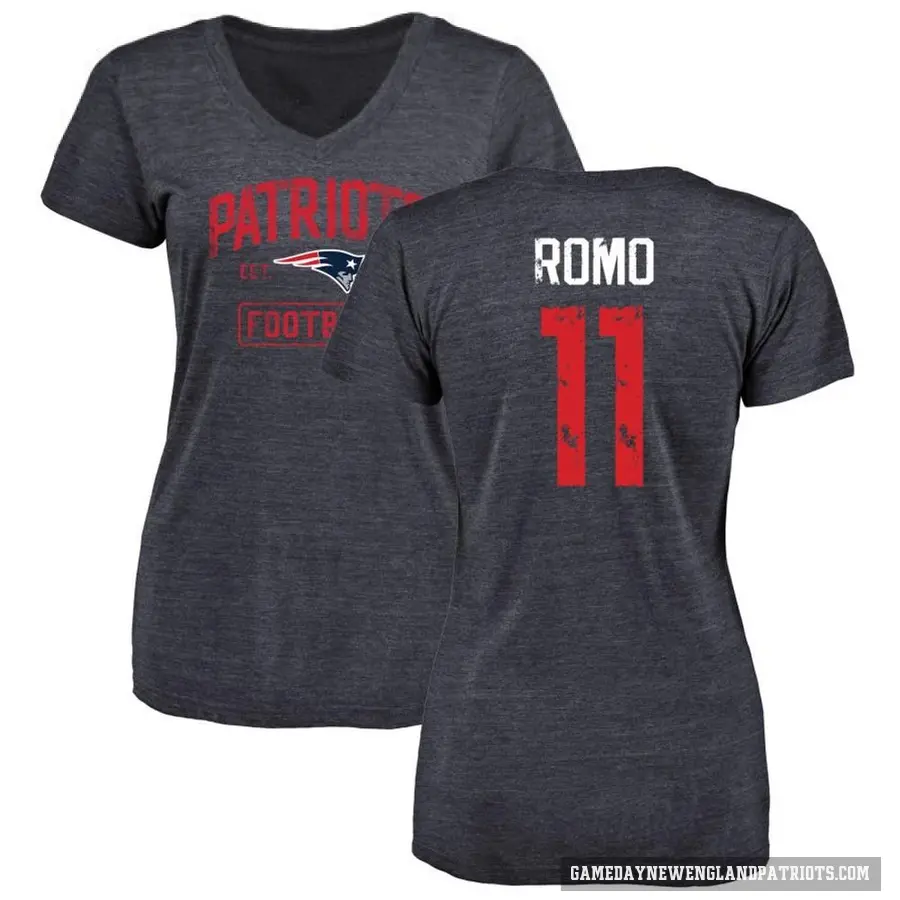 Women's ＃11 John Parker Romo New England Patriots Navy Distressed V-Neck T-Shirt