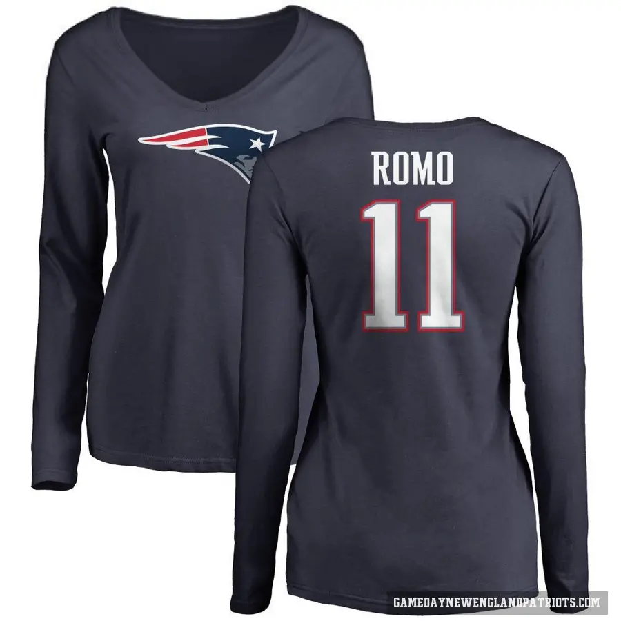 Women's ＃11 John Parker Romo New England Patriots Navy Logo Slim Fit Long Sleeve T-Shirt