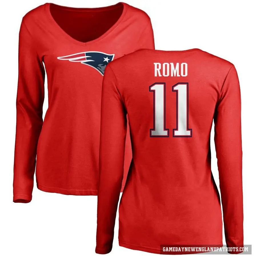 Women's ＃11 John Parker Romo New England Patriots Red Logo Slim Fit Long Sleeve T-Shirt