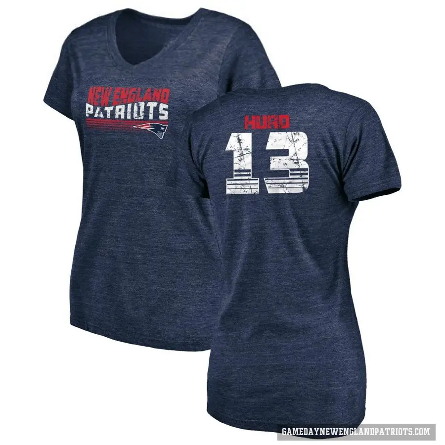 Women's ＃13 Jalen Hurd New England Patriots Navy Retro V-Neck T-Shirt