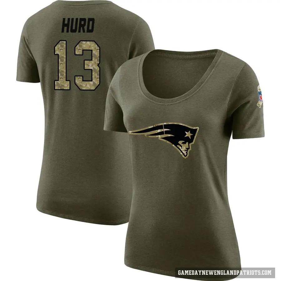 Women's ＃13 Jalen Hurd New England Patriots Olive Salute to Service Scoop Neck T-Shirt