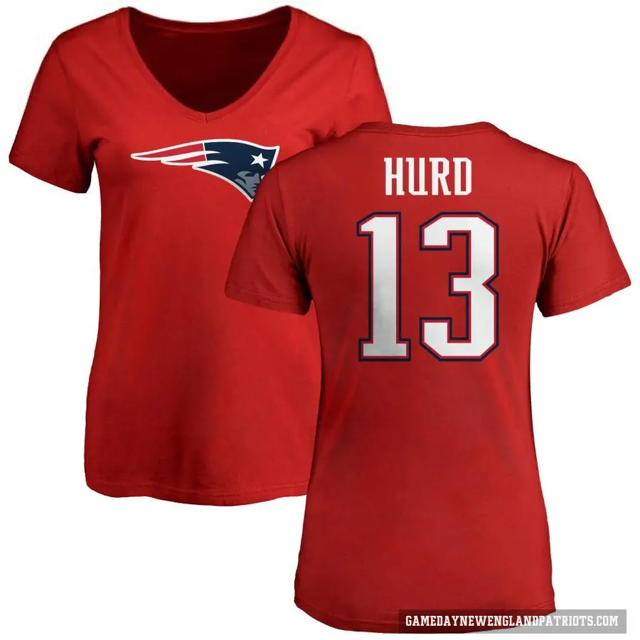 Women's ＃13 Jalen Hurd New England Patriots Red Logo Slim Fit T-Shirt