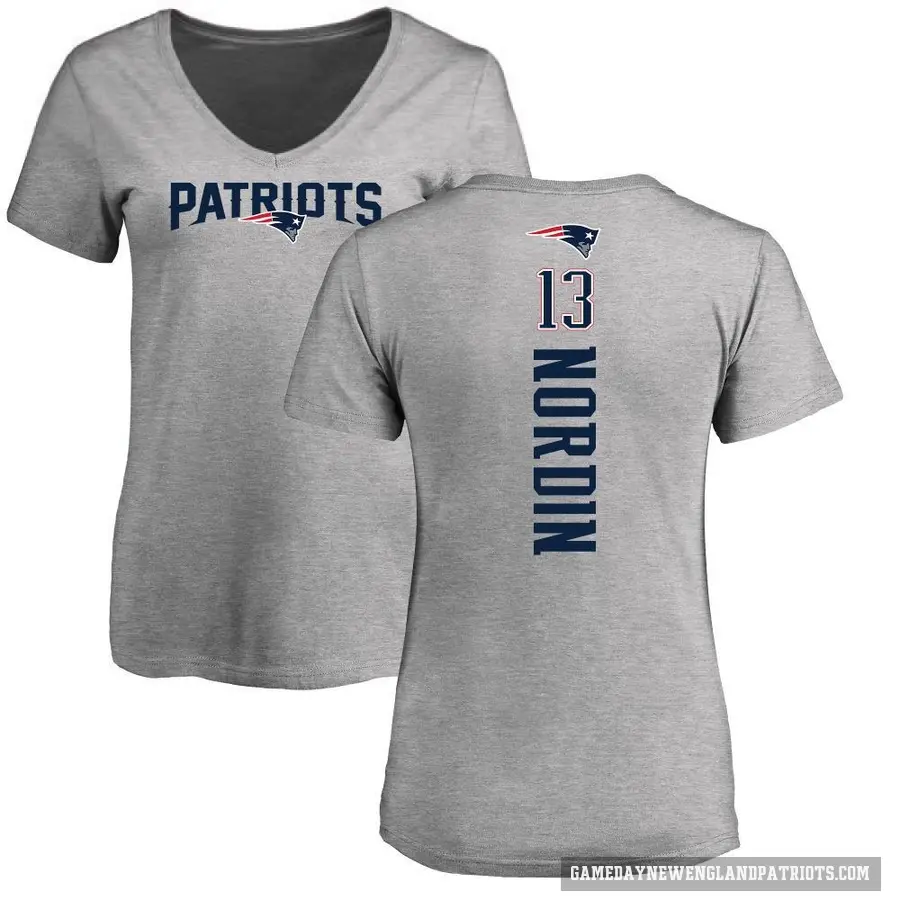 Women's ＃13 Quinn Nordin New England Patriots Ash Backer V-Neck T-Shirt