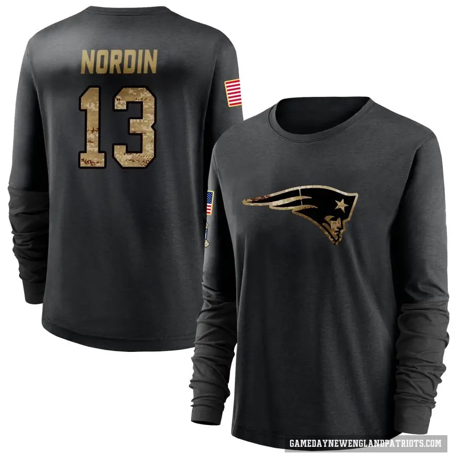 Women's ＃13 Quinn Nordin New England Patriots Black 2020 Salute To Service Sideline Performance Long Sleeve T-Shirt