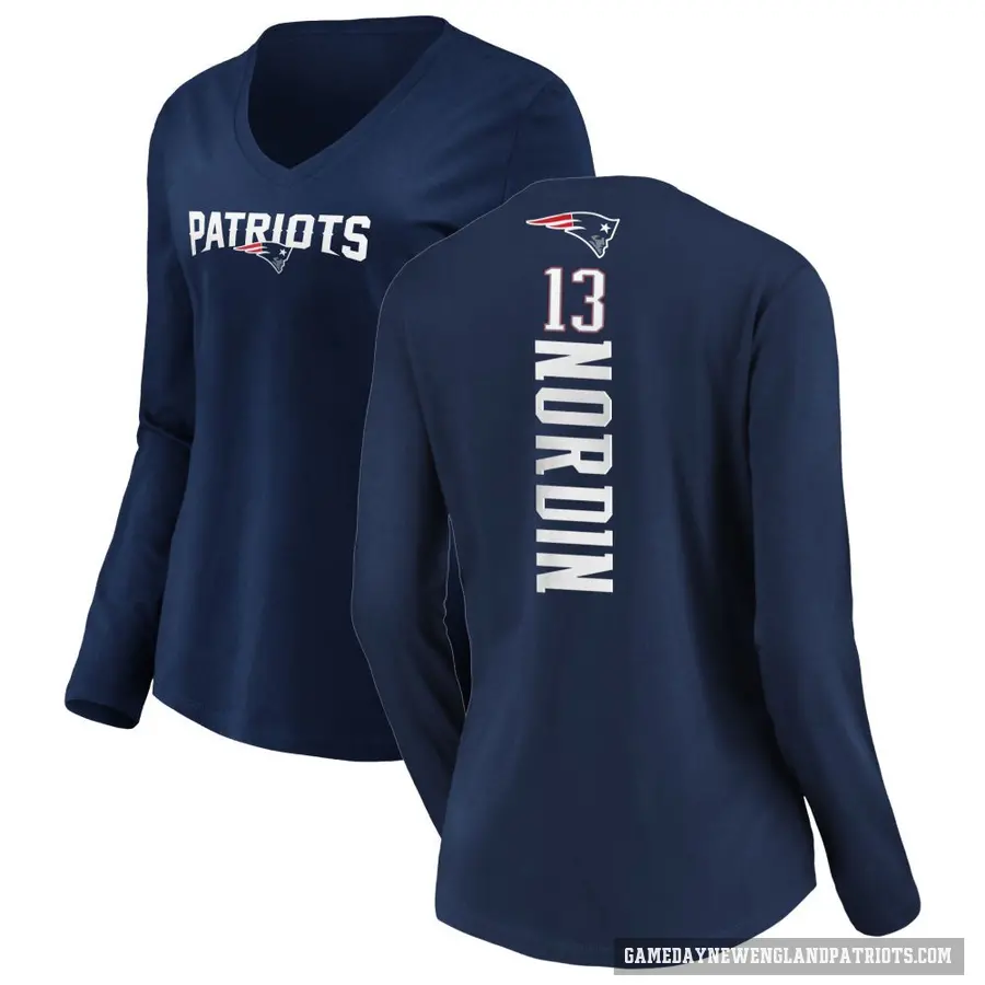 Women's ＃13 Quinn Nordin New England Patriots Navy Backer Slim Fit Long Sleeve T-Shirt