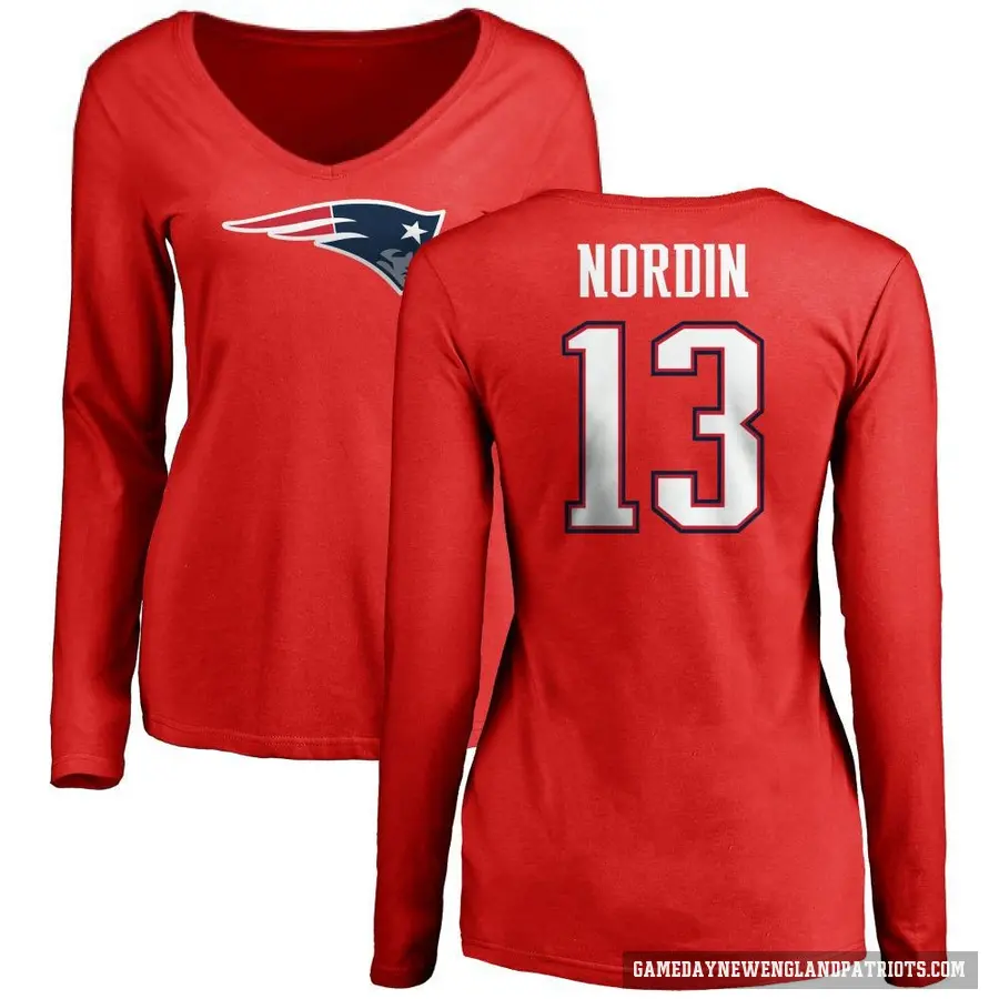 Women's ＃13 Quinn Nordin New England Patriots Red Logo Slim Fit Long Sleeve T-Shirt