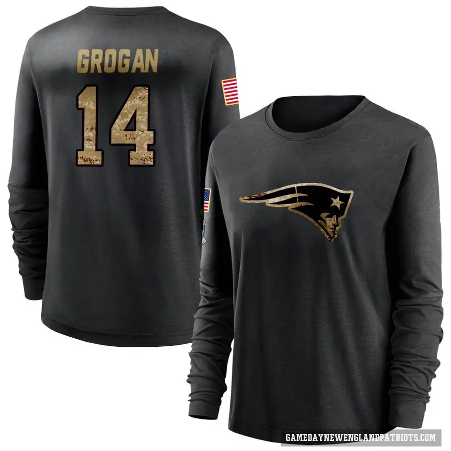 Women's ＃14 Steve Grogan New England Patriots Black 2020 Salute To Service Sideline Performance Long Sleeve T-Shirt