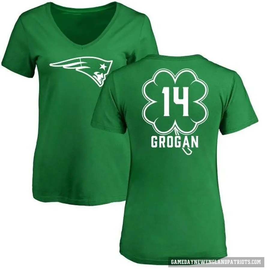 Women's ＃14 Steve Grogan New England Patriots Green St. Patrick's Day V-Neck T-Shirt