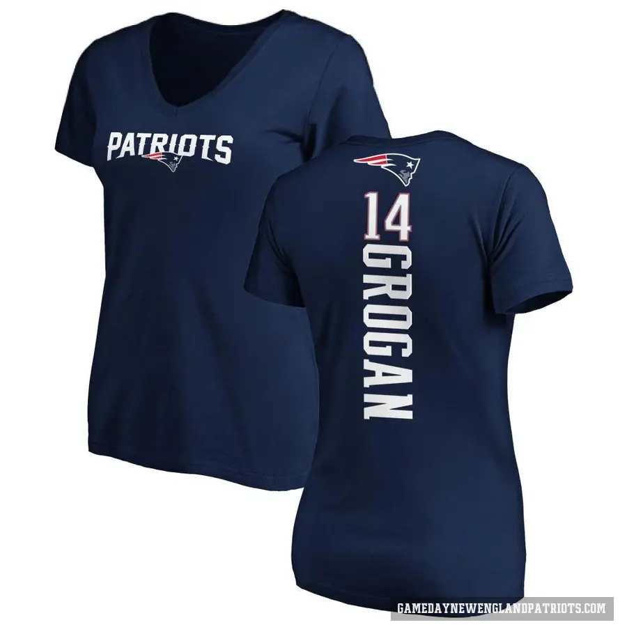 Women's ＃14 Steve Grogan New England Patriots Navy Backer Slim Fit T-Shirt