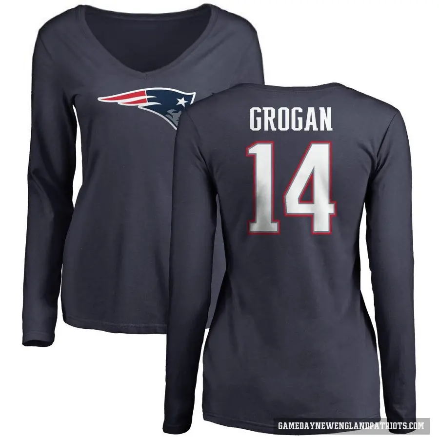 Women's ＃14 Steve Grogan New England Patriots Navy Logo Slim Fit Long Sleeve T-Shirt