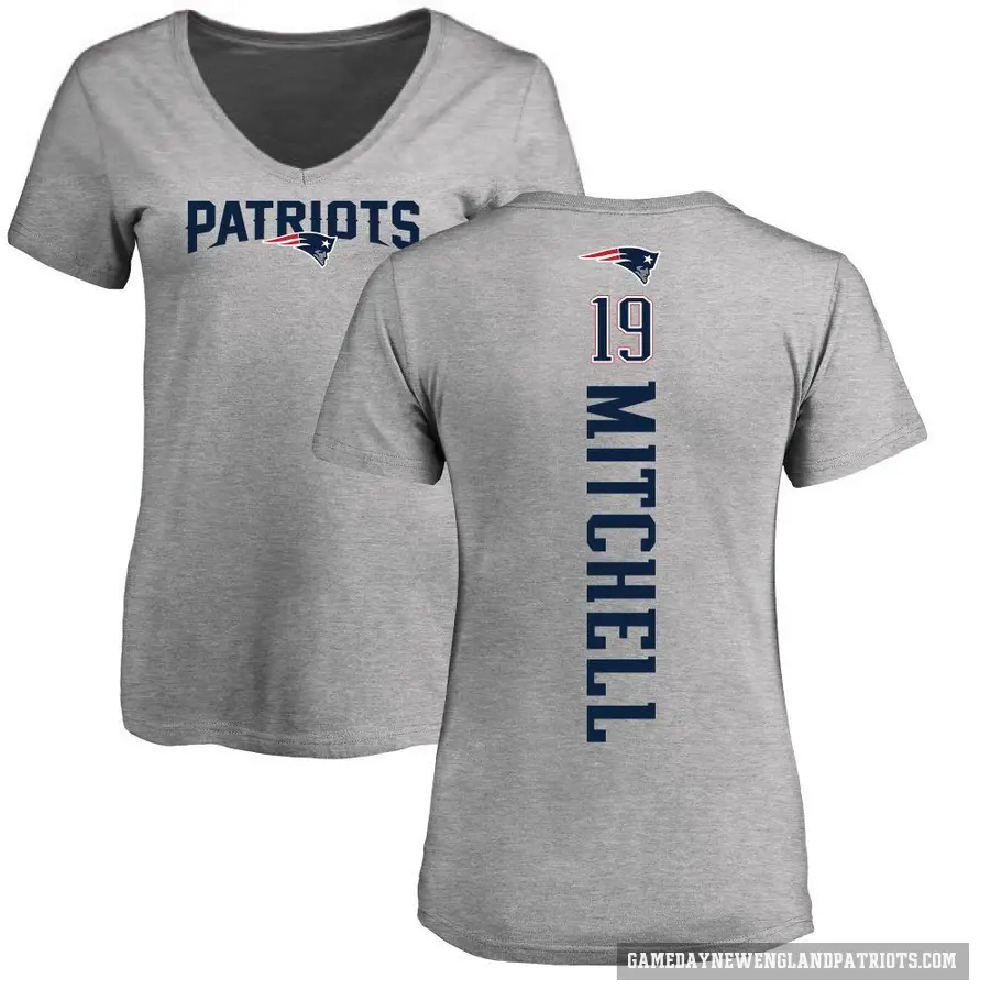 Women's ＃19 Malcolm Mitchell New England Patriots Ash Backer V-Neck T-Shirt