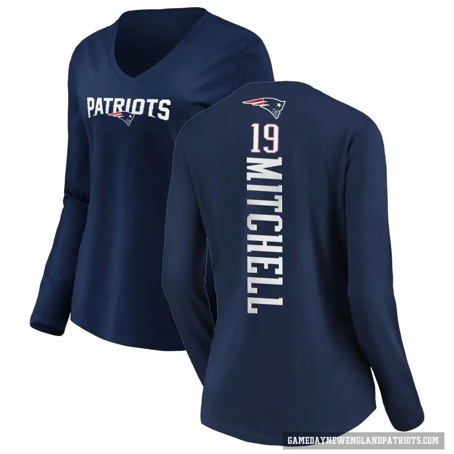 Women's ＃19 Malcolm Mitchell New England Patriots Navy Backer Slim Fit Long Sleeve T-Shirt