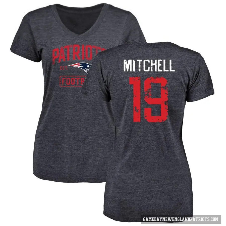 Women's ＃19 Malcolm Mitchell New England Patriots Navy Distressed V-Neck T-Shirt