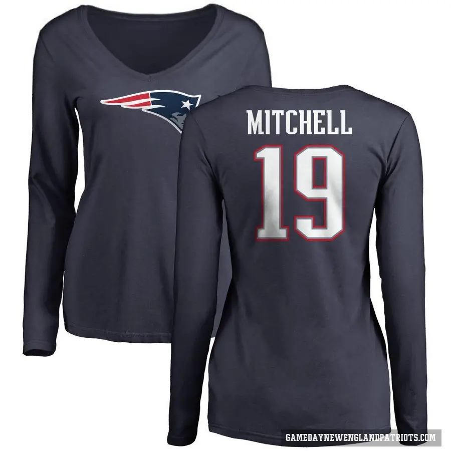 Women's ＃19 Malcolm Mitchell New England Patriots Navy Logo Slim Fit Long Sleeve T-Shirt