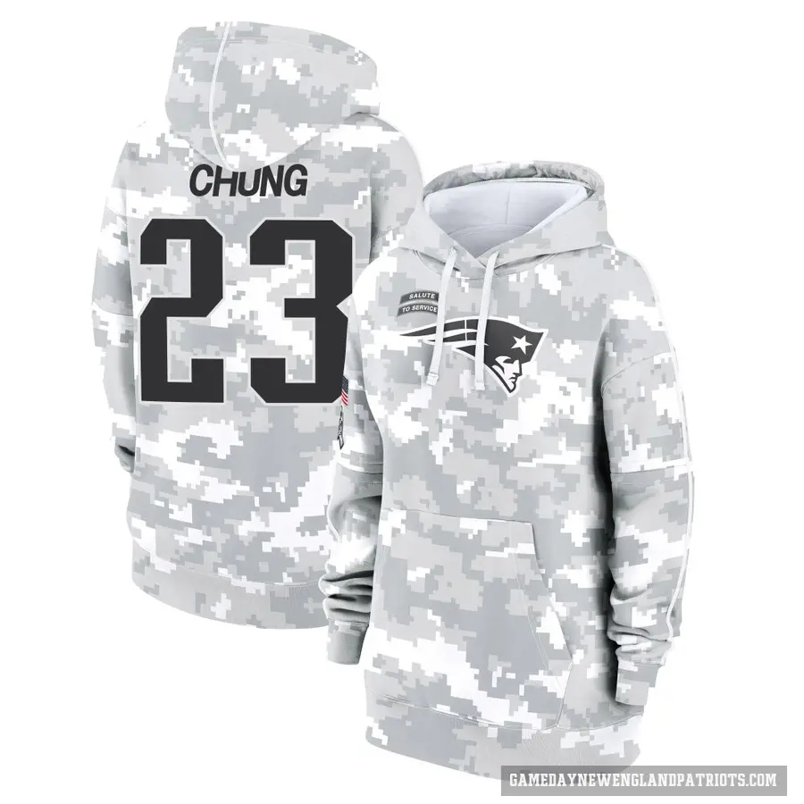 Women's ＃23 Patrick Chung New England Patriots Arctic Camo 2024 Salute to Service Club Fleece Pullover Hoodie