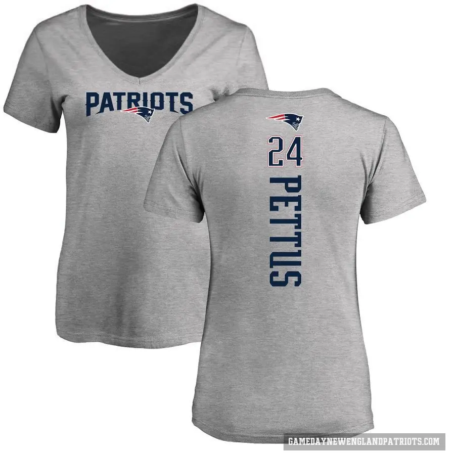 Women's ＃24 Dell Pettus New England Patriots Ash Backer V-Neck T-Shirt