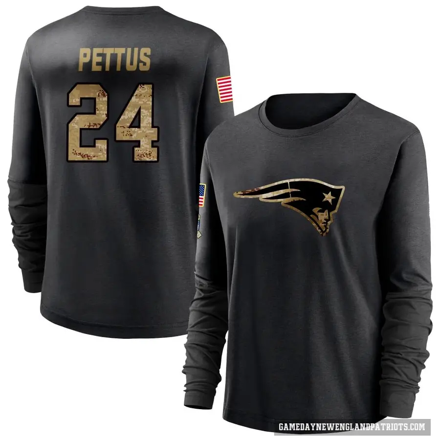 Women's ＃24 Dell Pettus New England Patriots Black 2020 Salute To Service Sideline Performance Long Sleeve T-Shirt