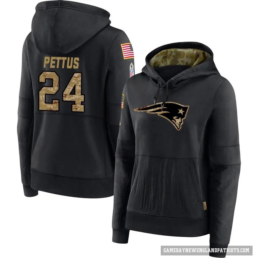 Women's ＃24 Dell Pettus New England Patriots Black 2020 Salute to Service Sideline Performance Pullover Hoodie