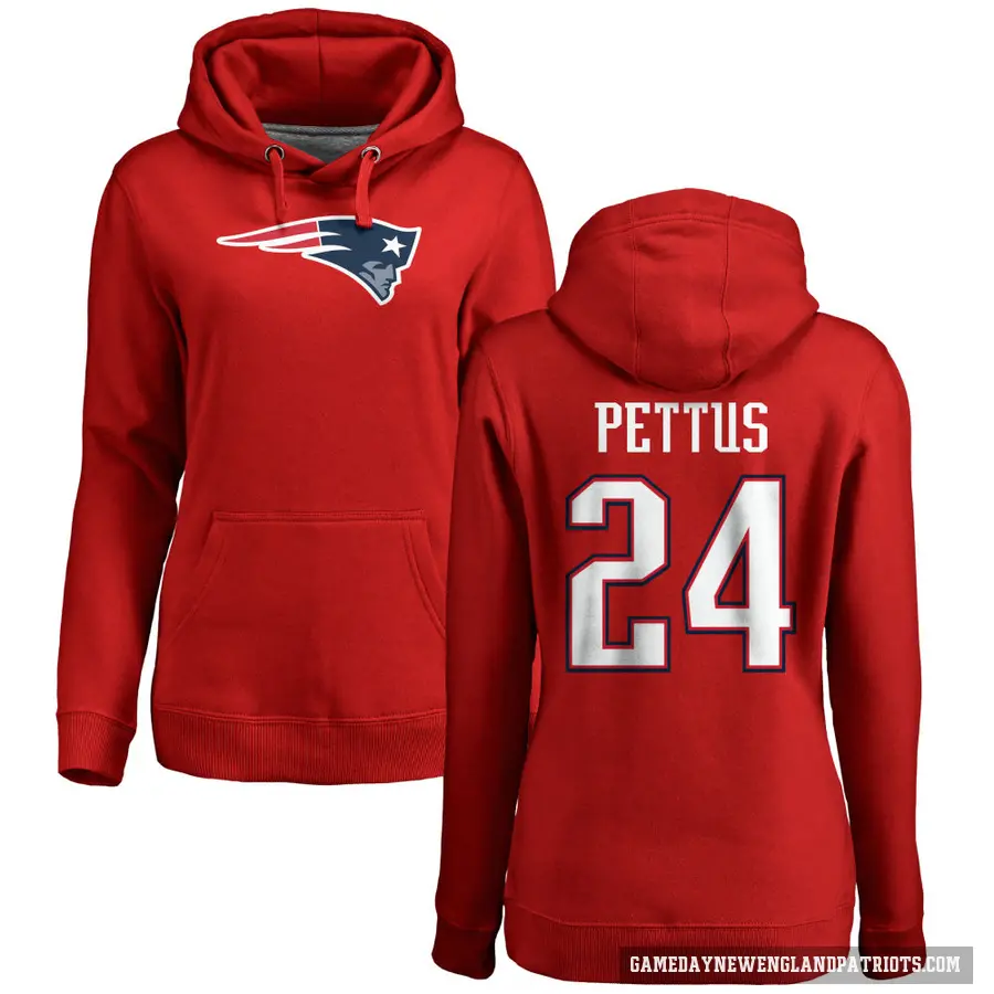 Women's ＃24 Dell Pettus New England Patriots Red Pro Line Name & Number Logo Pullover Hoodie