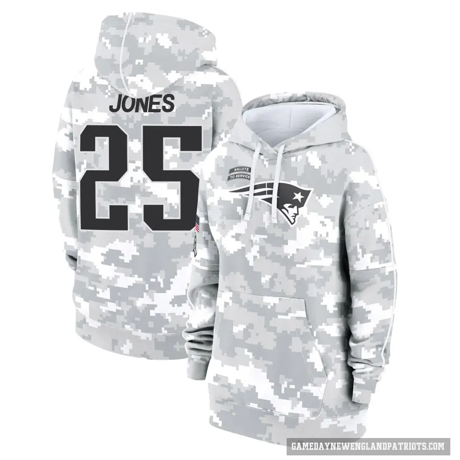 Women's ＃25 Marcus Jones New England Patriots Arctic Camo 2024 Salute to Service Club Fleece Pullover Hoodie