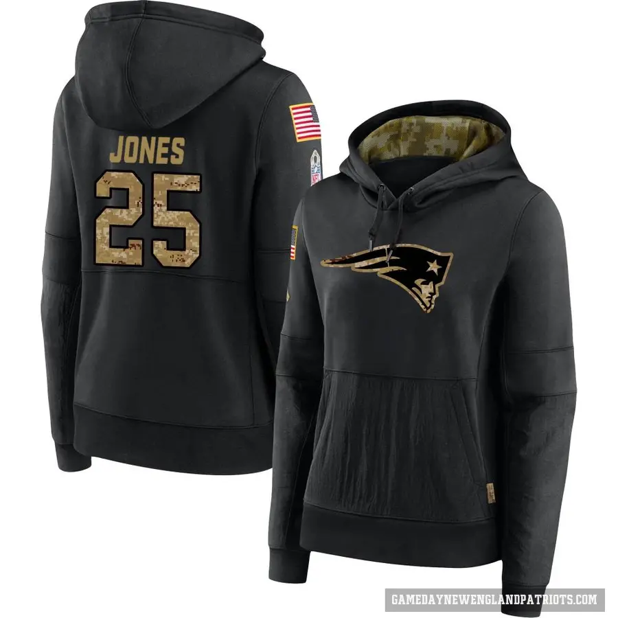 Women's ＃25 Marcus Jones New England Patriots Black 2020 Salute to Service Sideline Performance Pullover Hoodie