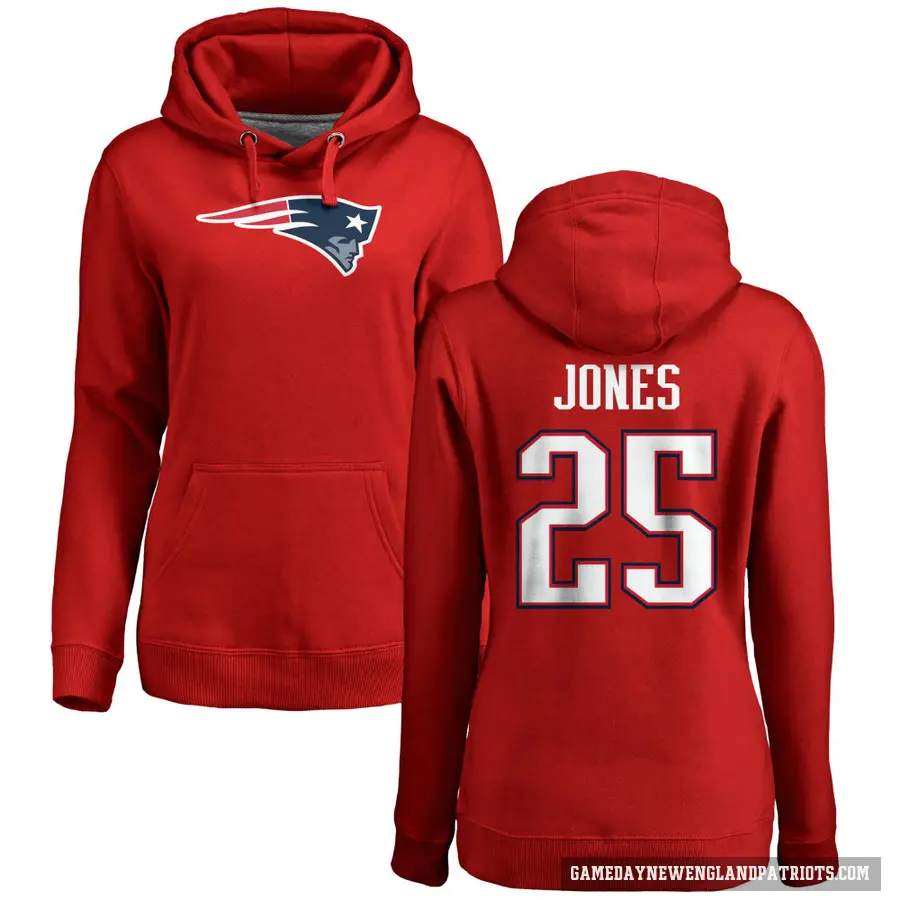 Women's ＃25 Marcus Jones New England Patriots Red Pro Line Name & Number Logo Pullover Hoodie