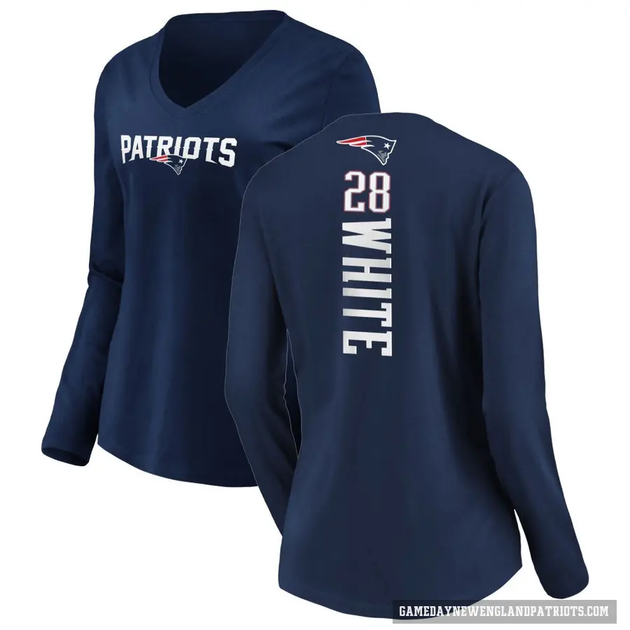 Women's ＃28 James White New England Patriots White Backer Slim Fit Long Sleeve T-Shirt Navy