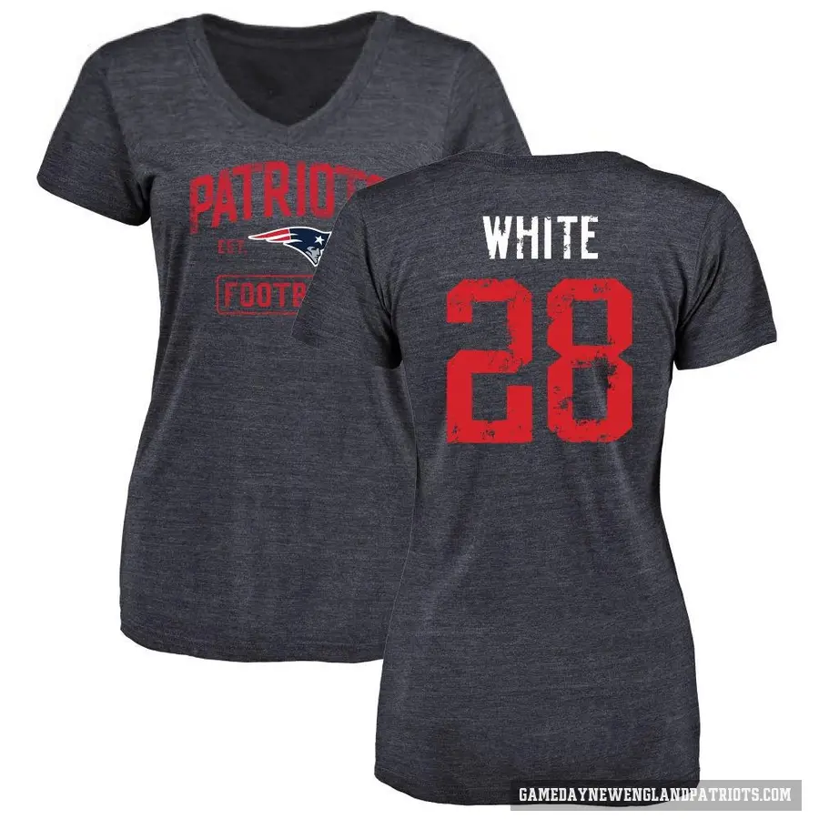 Women's ＃28 James White New England Patriots White Navy Distressed V-Neck T-Shirt