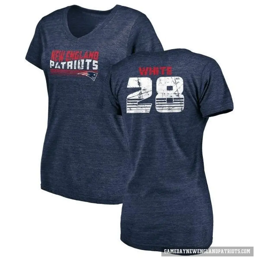 Women's ＃28 James White New England Patriots White Retro V-Neck T-Shirt Navy