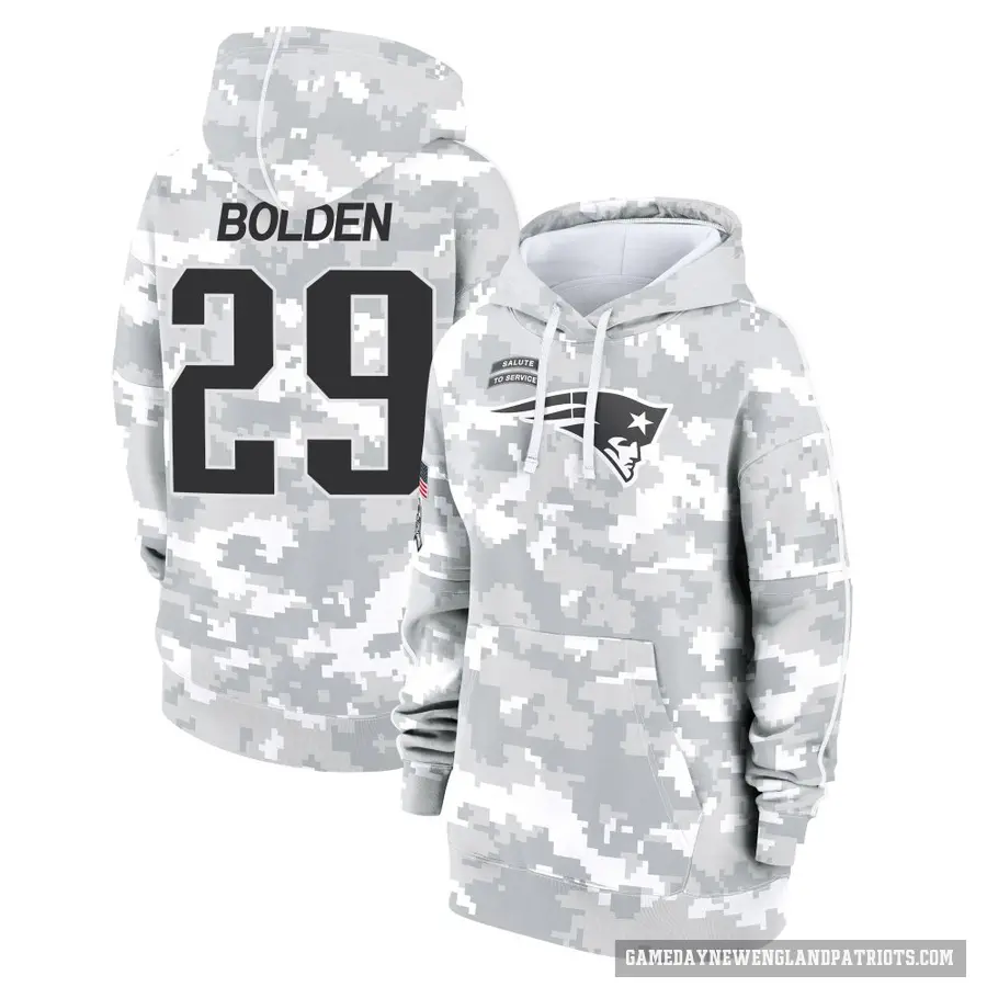 Women's ＃29 Isaiah Bolden New England Patriots Arctic Camo 2024 Salute to Service Club Fleece Pullover Hoodie