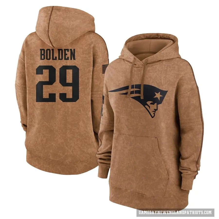 Women's ＃29 Isaiah Bolden New England Patriots Brown 2023 Salute To Service Pullover Hoodie