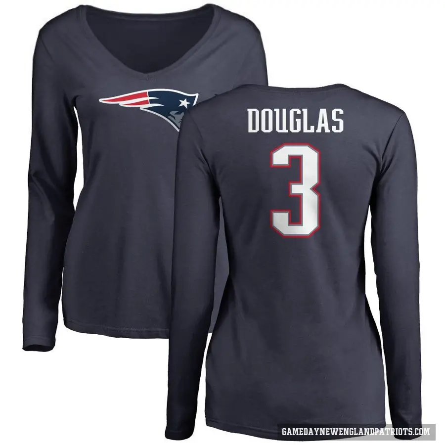 Women's ＃3 Demario Douglas New England Patriots Navy DeMario Douglas Logo Slim Fit Long Sleeve T-Shirt