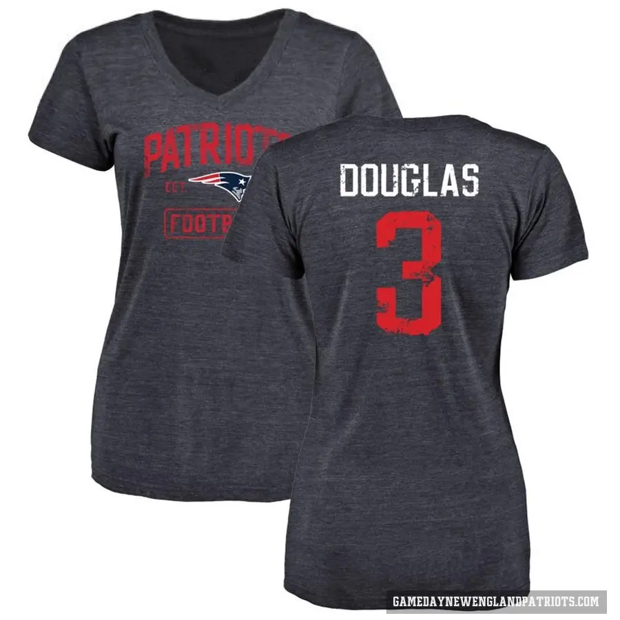 Women's ＃3 Demario Douglas New England Patriots Navy Distressed DeMario Douglas V-Neck T-Shirt