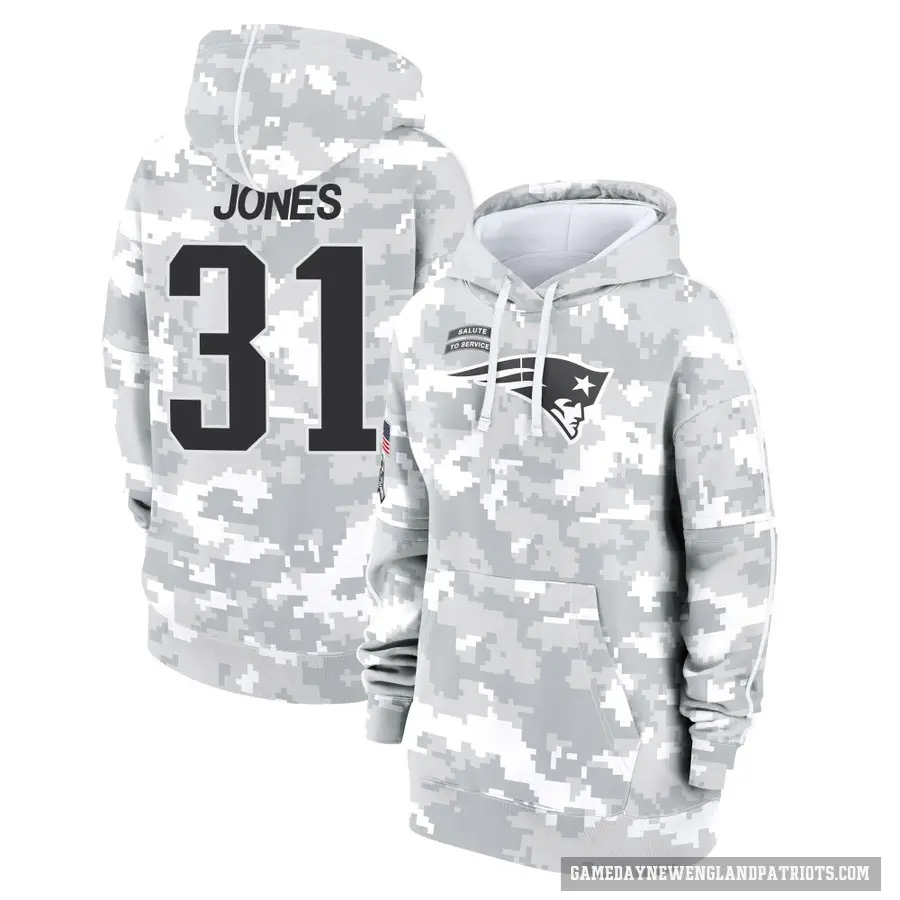 Women's ＃31 Jonathan Jones New England Patriots Arctic Camo 2024 Salute to Service Club Fleece Pullover Hoodie